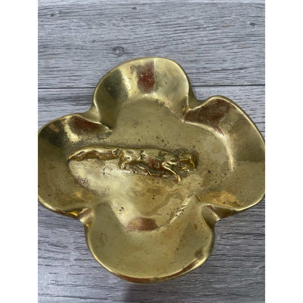 Virginia Metalcrafters Brass Fox Trinket Dish Ashtray Clover Scalloped 3-12 VM